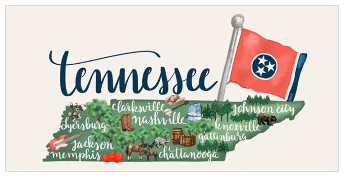 Tennessee State image with city names and sightseeing images